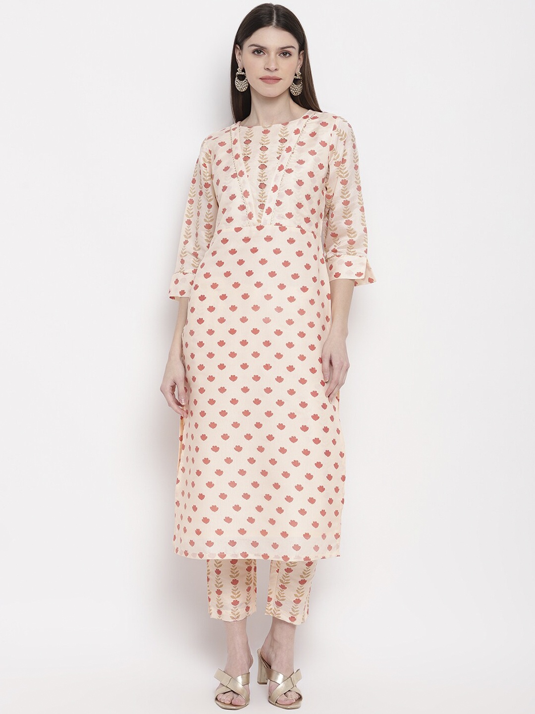 

Janasya Women Peach-Coloured Printed Kurta with Trousers