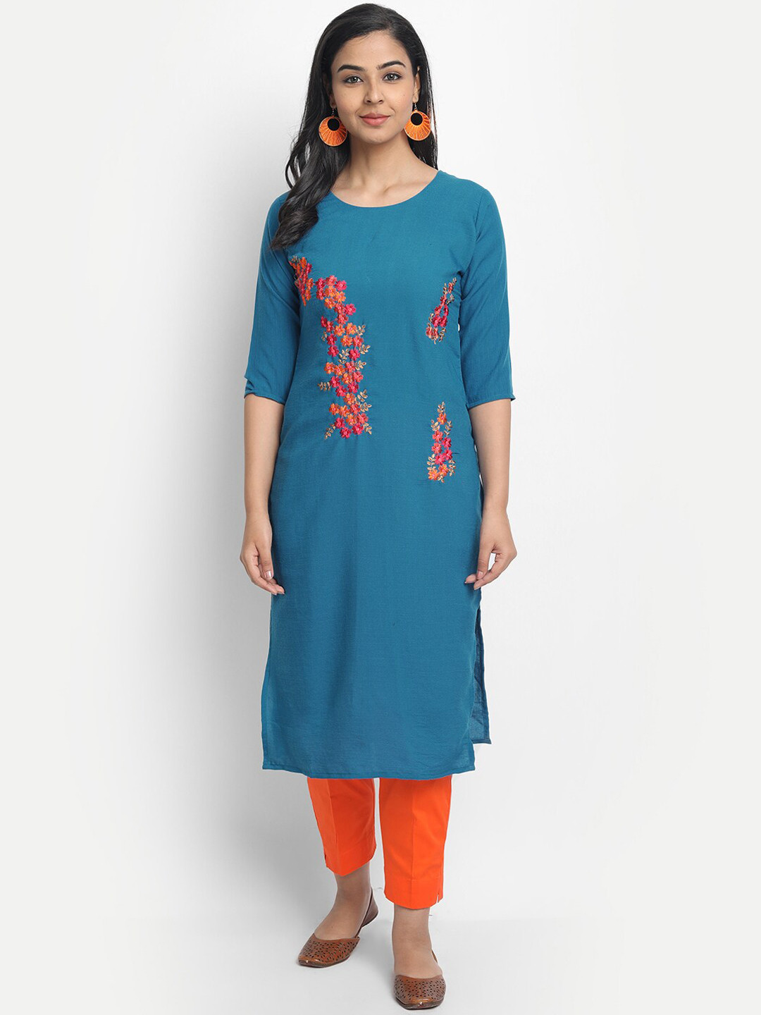 

7Threads Women Turquoise Blue & Orange Floral Embroidered Straight Kurta