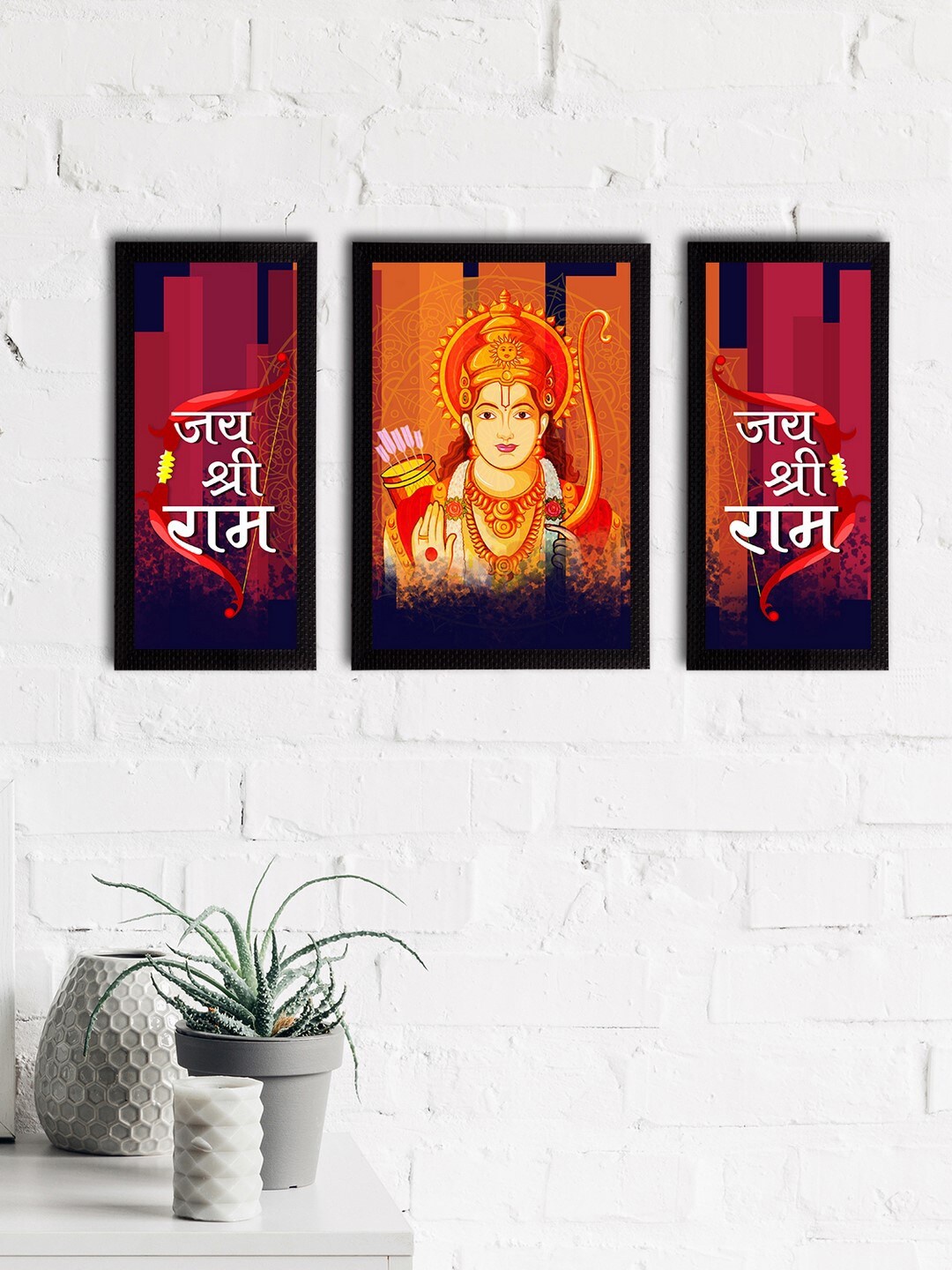 

eCraftIndia Set of 3 Multicoloured Lord Ram Satin Matt Texture UV Wall Arts, Multi