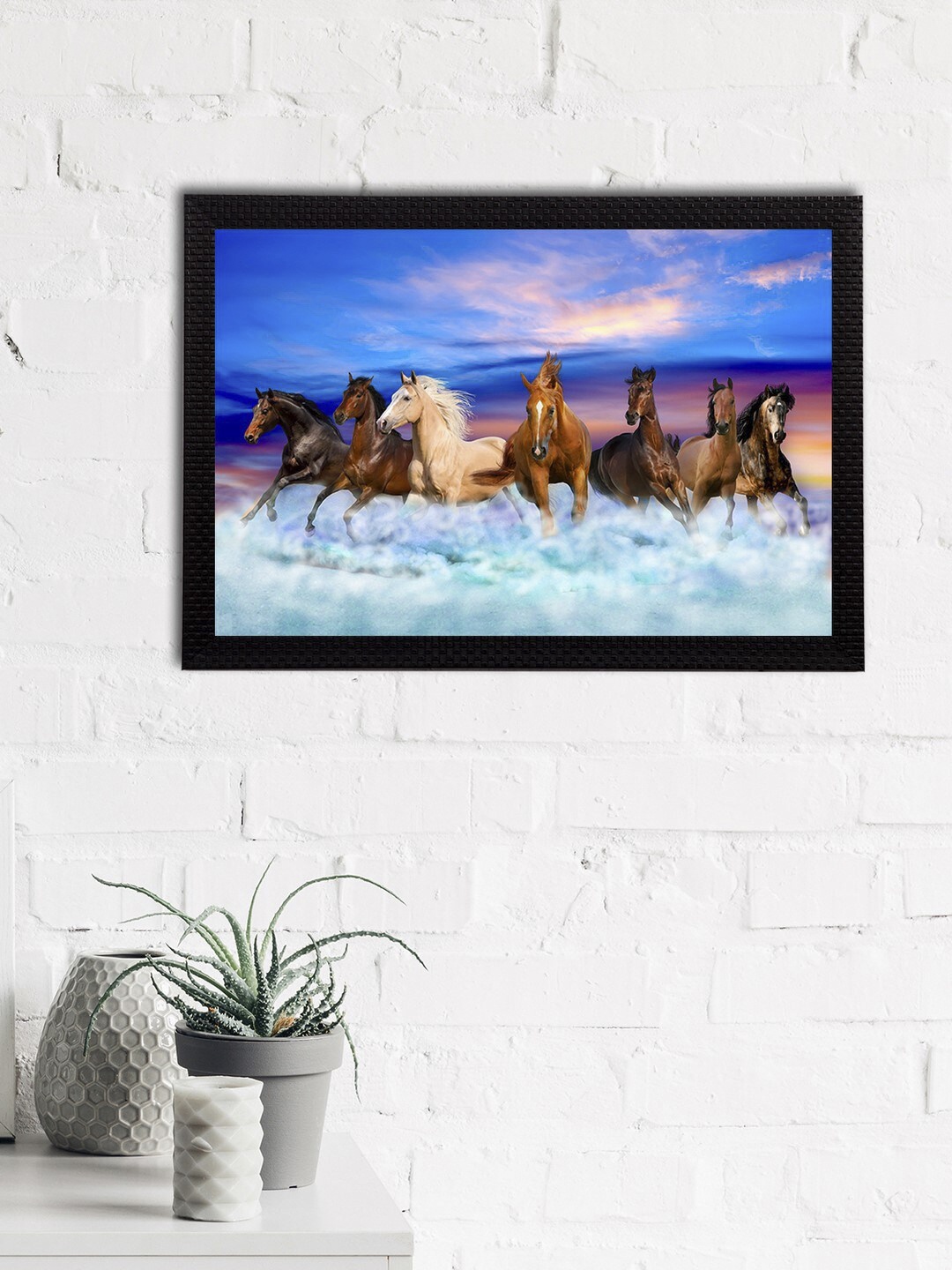 

eCraftIndia Blue & Brown 7 Lucky Running Horses Satin Matt Texture Framed UV Wall Art