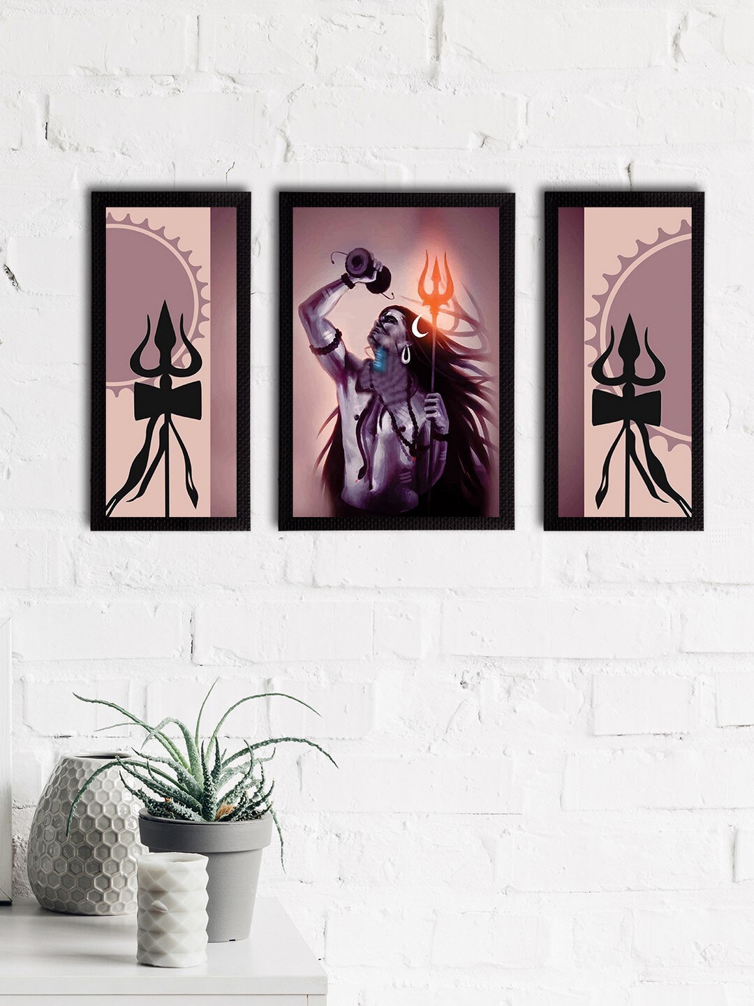 

eCraftIndia Set of 3 Grey & Black Lord Shiva Satin Matt Textured UV Wall Paintings