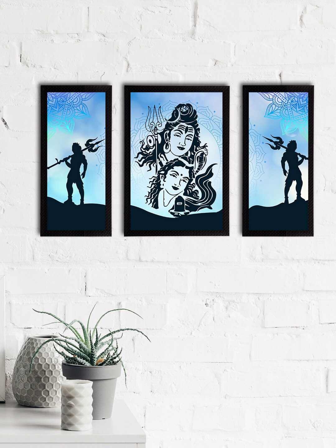 

eCraftIndia Set of 3 Blue & Black Lord Shiva Satin Matt Textured UV Wall Paintings