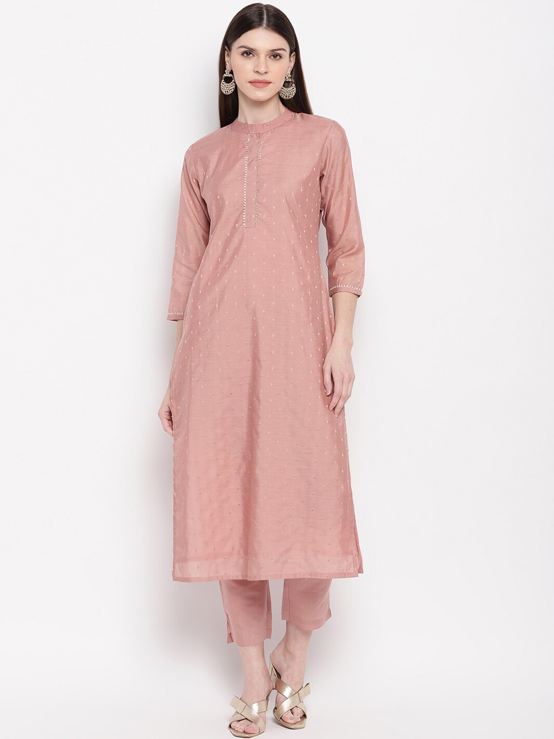 

Janasya Women Pink Embroidered Kurta with Trousers