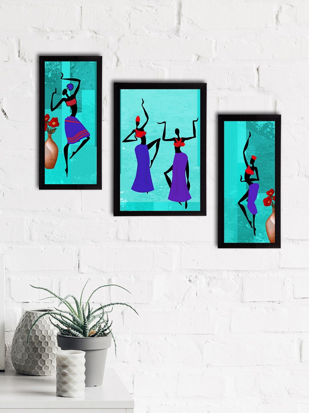 

eCraftIndia Set of 3 Sea Green & Purple Tribal Theme Satin Matt Textured UV Wall Paintings