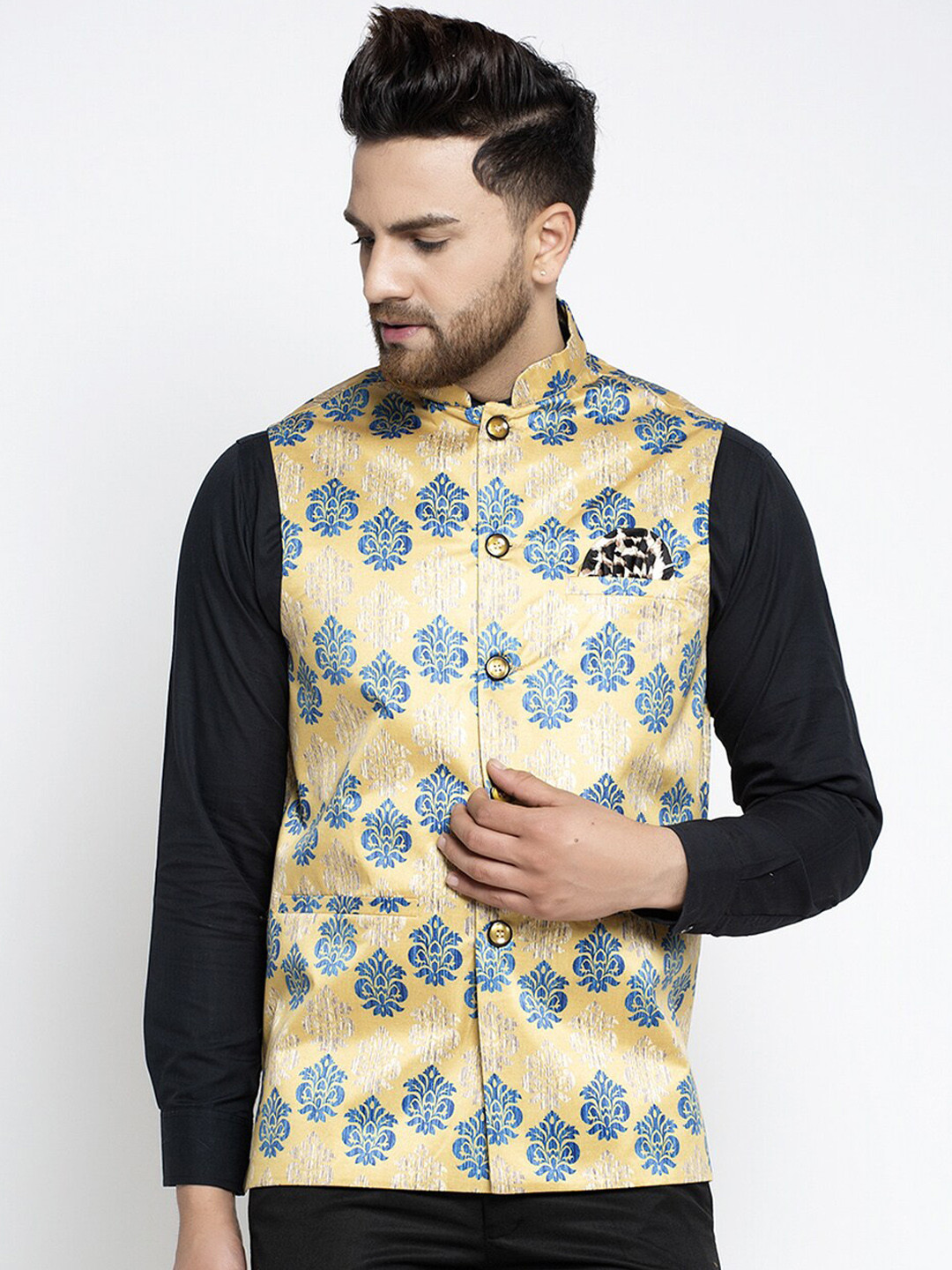 

Jompers Men Yellow & Blue Printed Pure Cotton Nehru Jacket