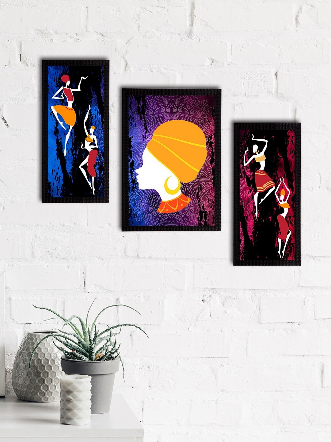 

eCraftIndia Set of 3 Blue & Pink Tribal Theme Satin Matt Textured UV Art Painting