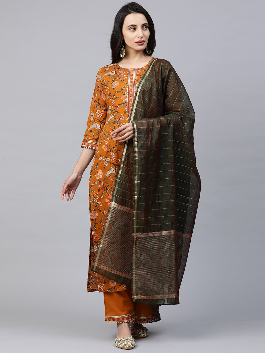 

Indo Era Women Mustard Yellow & Green Printed Kurta with Palazzos & Dupatta