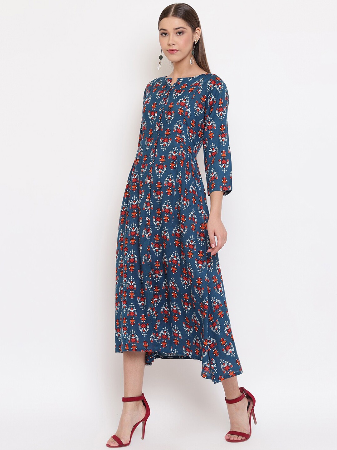 

Janasya Women Blue Printed A-Line Dress