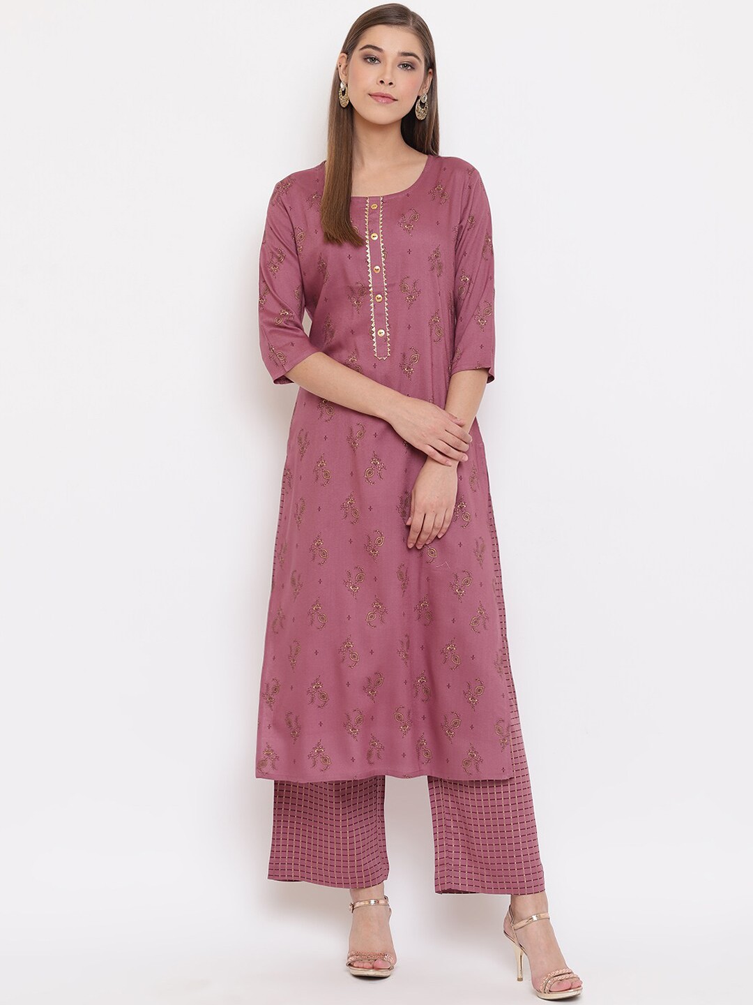 

Janasya Women Mauve & Gold-Toned Printed Kurta with Palazzos