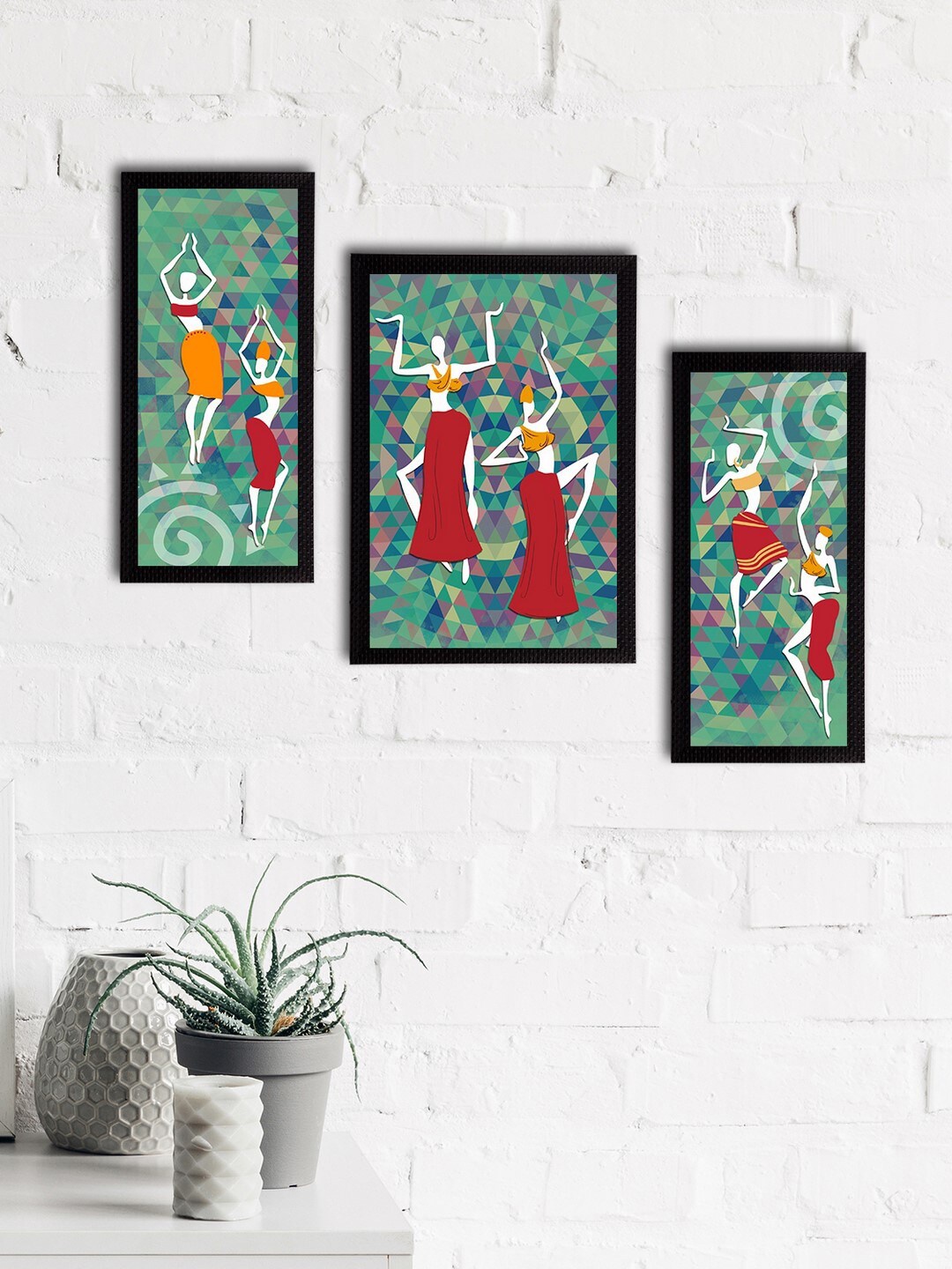 

eCraftIndia Set of 3 Green & Maroon Tribal Theme Satin Matt Textured UV Wall Paintings
