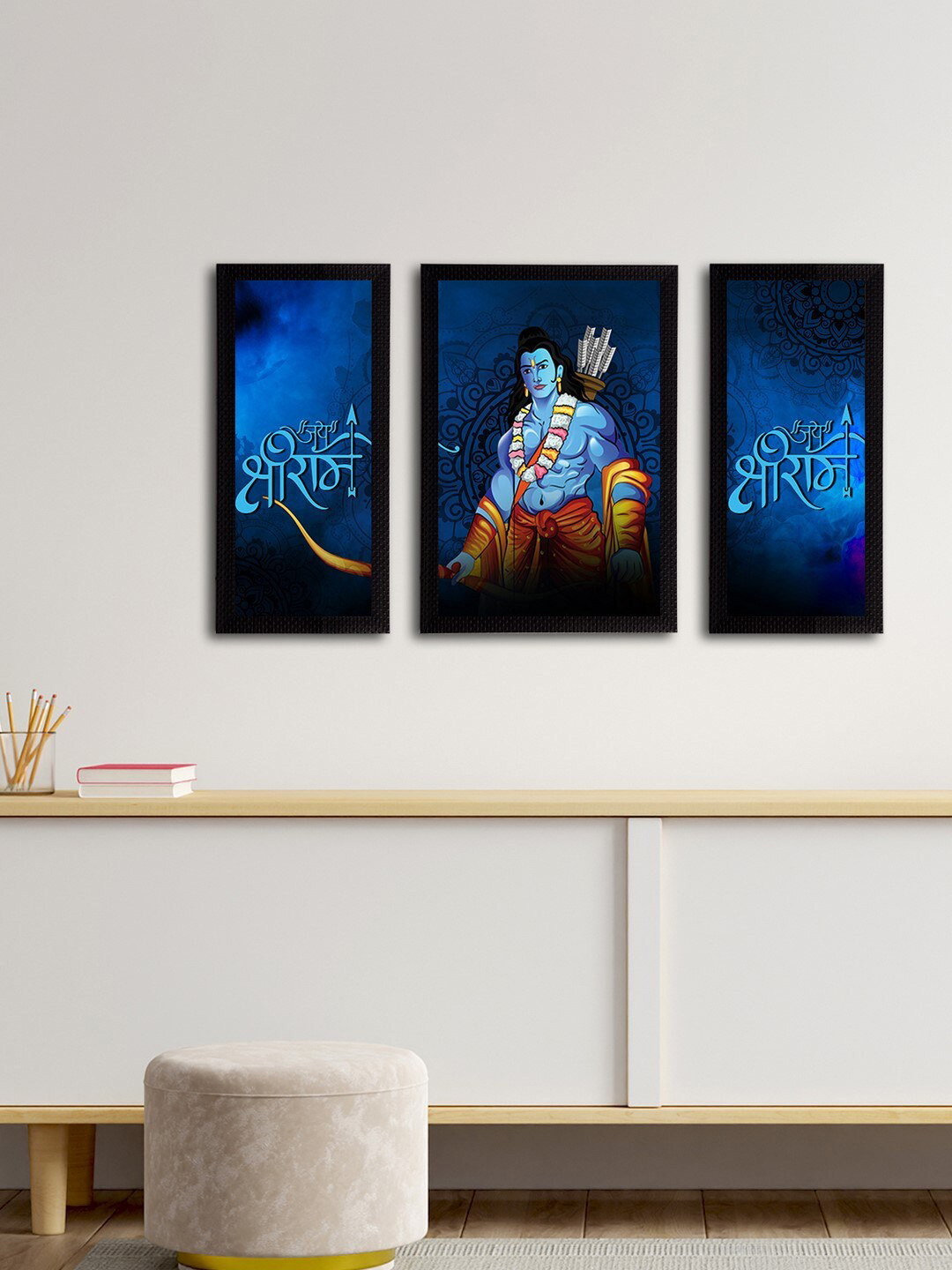 

eCraftIndia Set of 3 Blue & Yellow Lord Ram Satin Matt Textured UV Wall Paintings