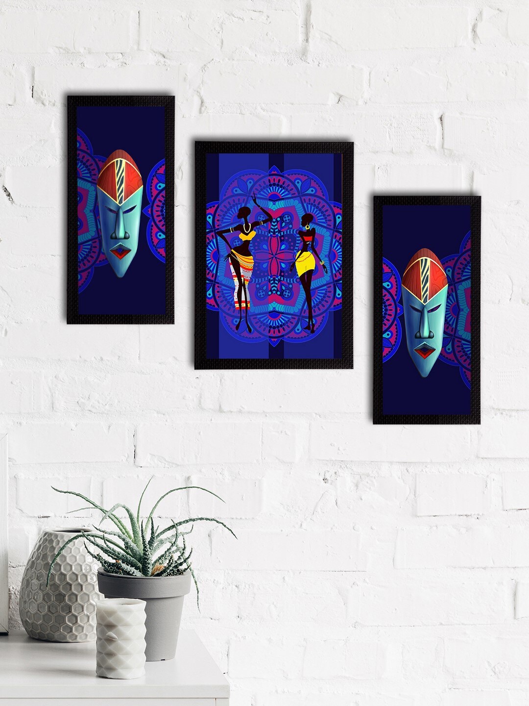 

eCraftIndia Set of 3 Blue & Red Tribal Theme Satin Matt Textured UV Art Painting