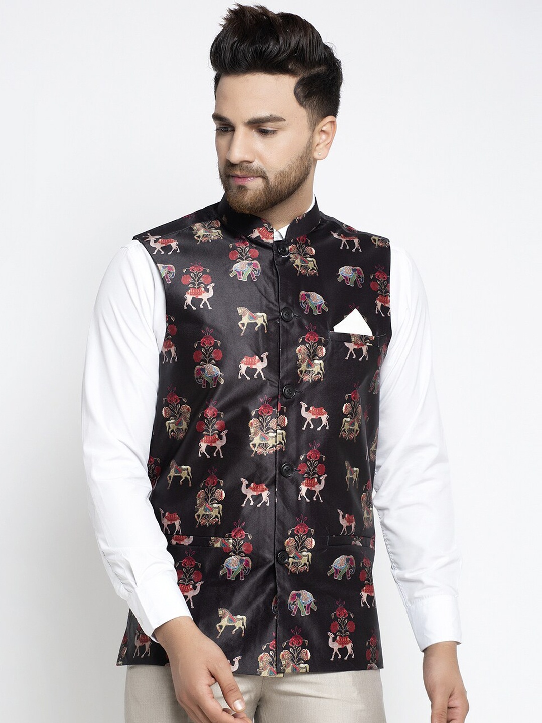 

Jompers Men Black & Red Printed Satin Pure Cotton Nehru Jacket