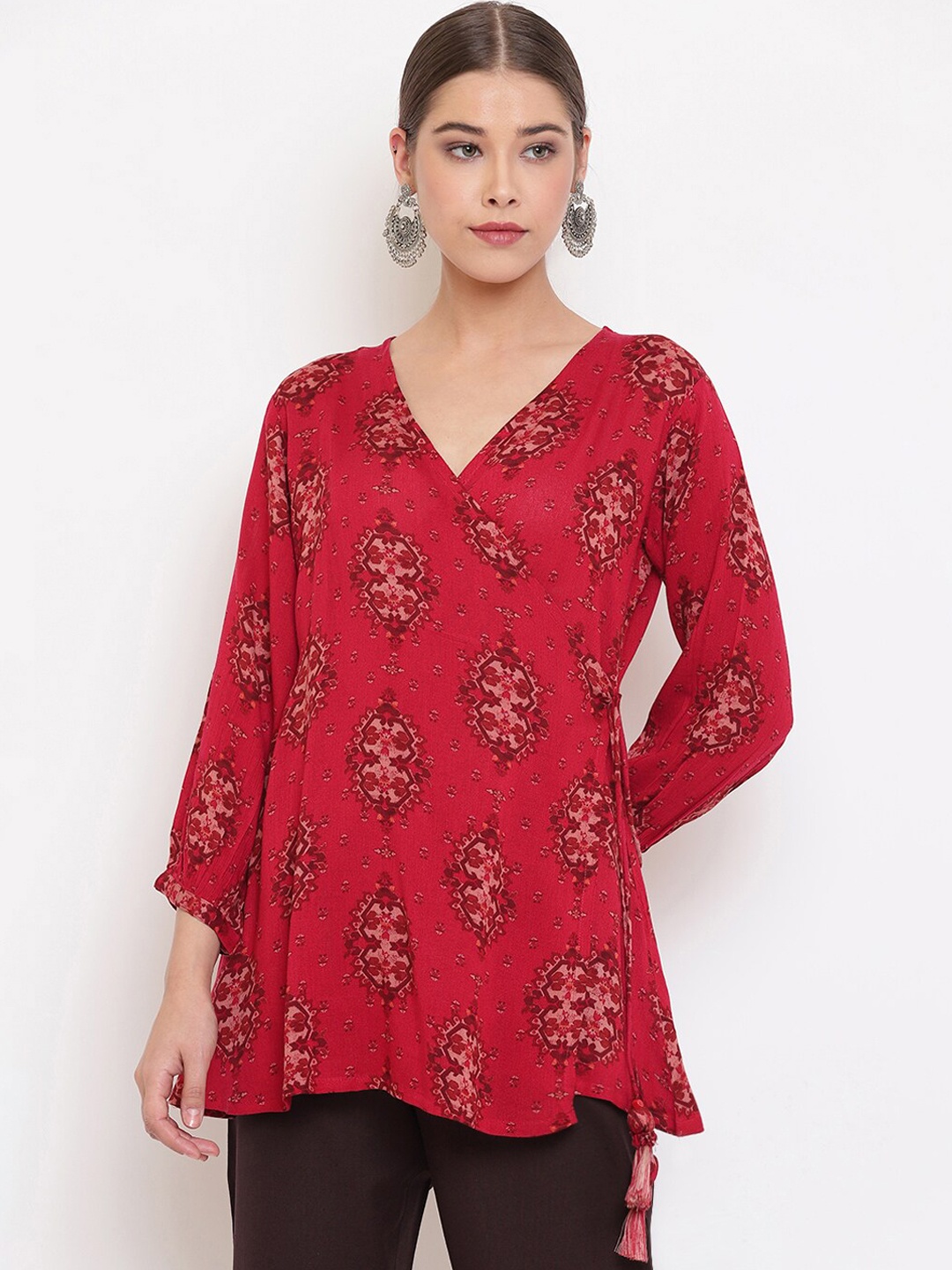 

Janasya Women Maroon Printed Wrap Top