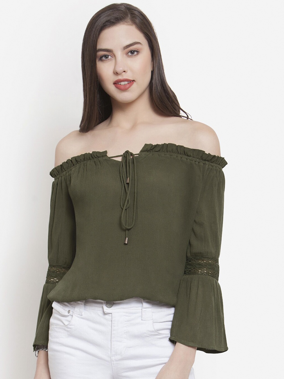 Martini Women Green Solid Bardot Top