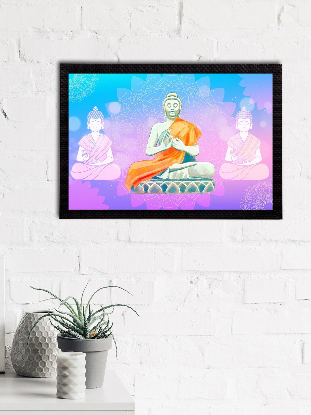 eCraftIndia Pink & Orange Meditating Lord Buddha Satin Matt Textured UV Wall Painting