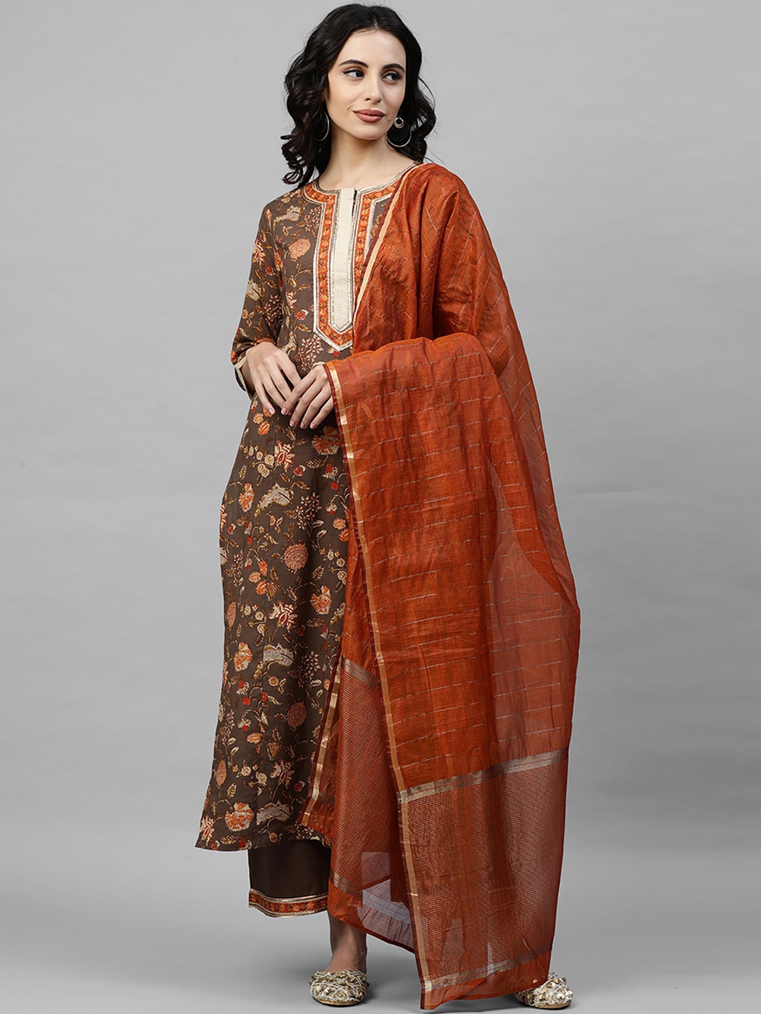 

Indo Era Women Brown & Orange Printed Kurta with Palazzos & Dupatta