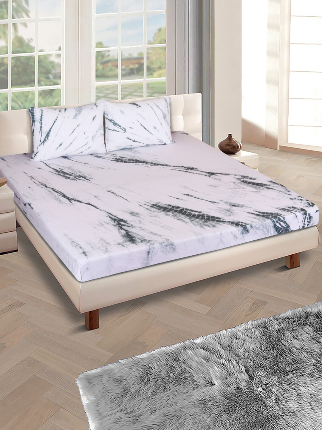 

ROMEE White & Grey Abstract 300 TC Cotton 1 King Bedsheet with 2 Pillow Covers