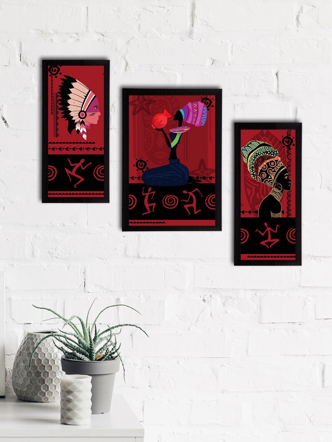 

eCraftIndia Set Of 3 Red & Black Tribal Theme Printed Satin Matt Textured UV Wall Art