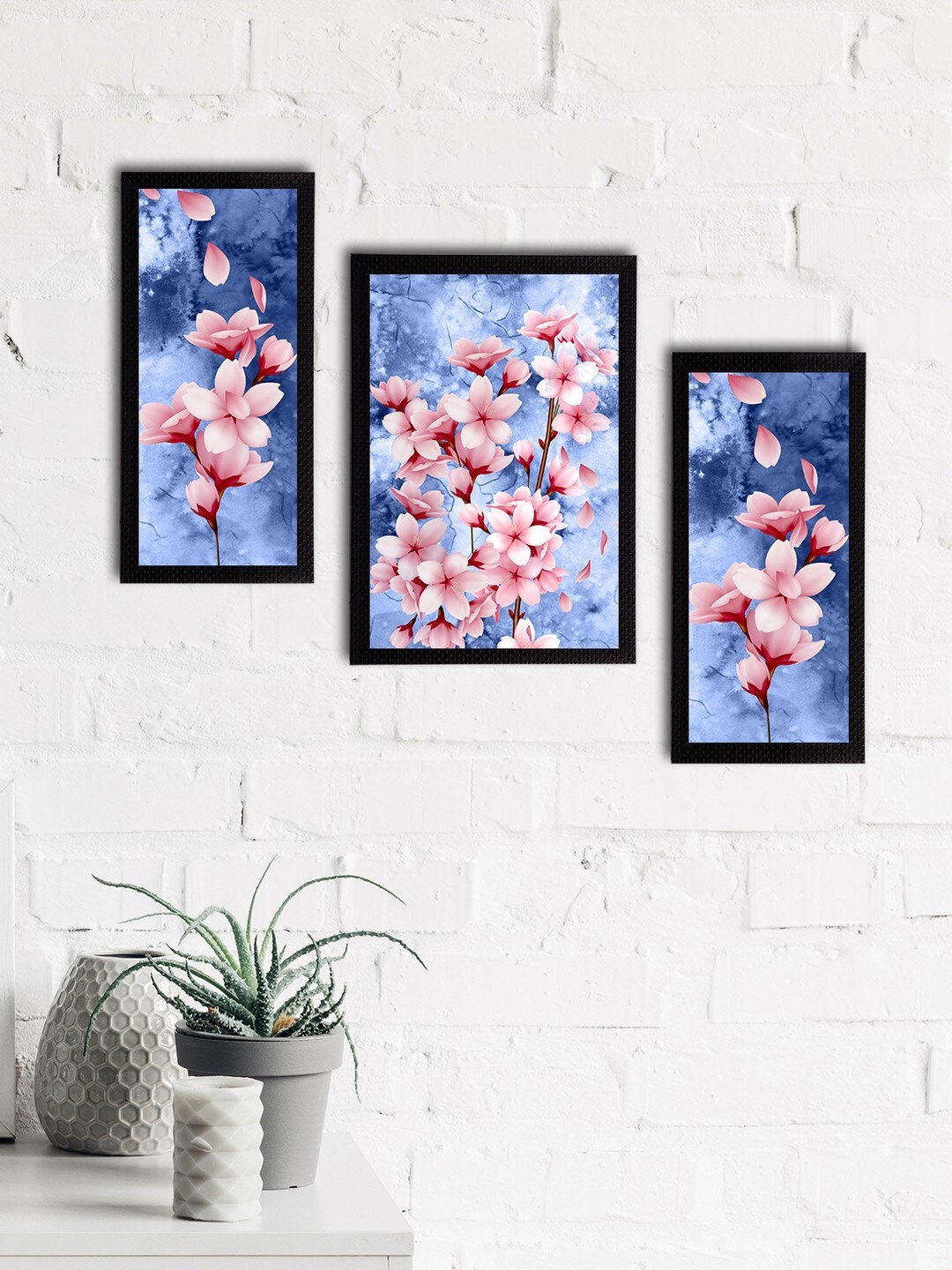 

eCraftIndia Set of 3 Blue & Pink Satin Matt Texture Floral UV Wall Art