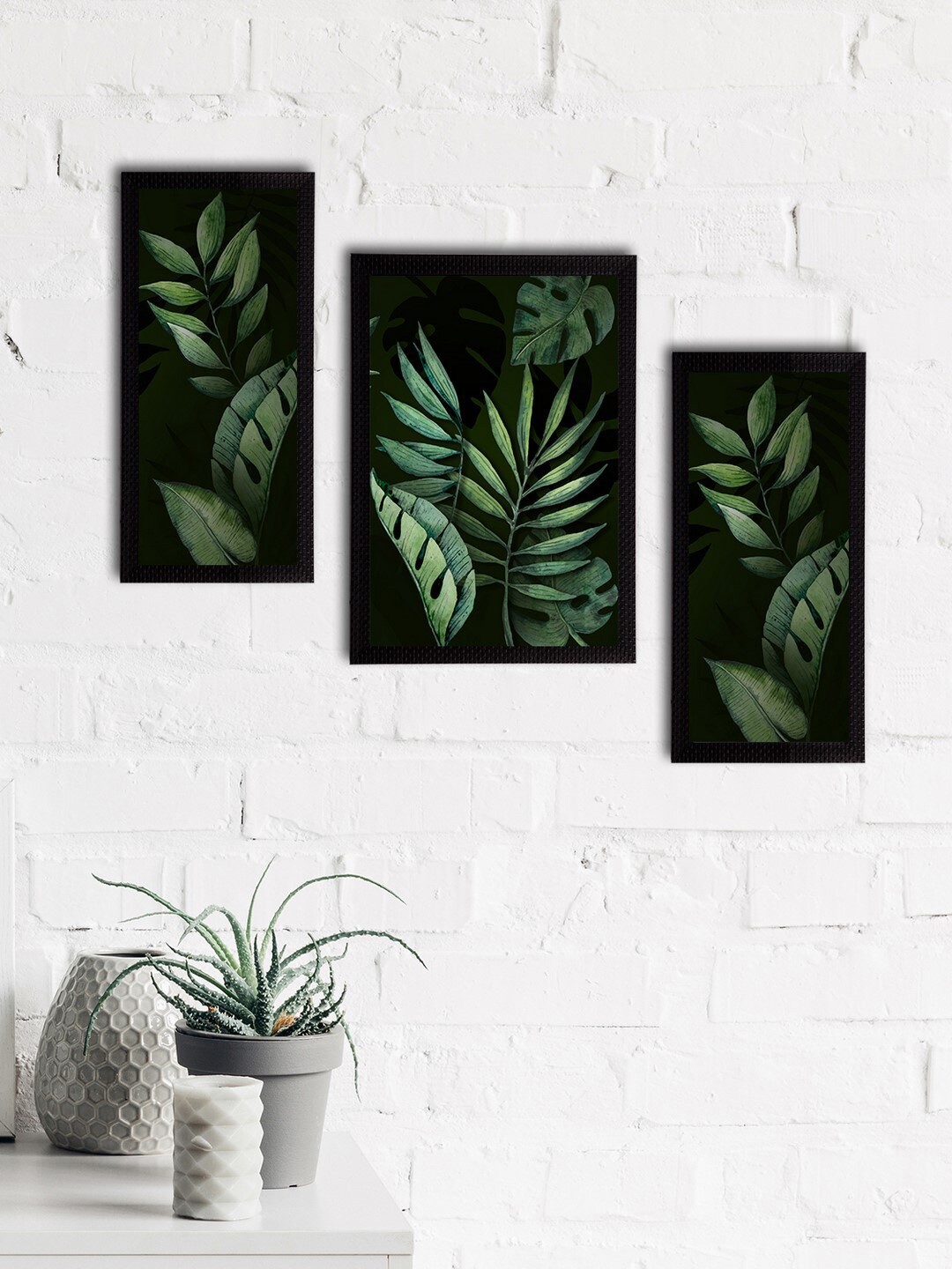 

eCraftIndia Set of 3 Green & Black Botanical and Floral Satin Matt Textured UV Art Painting