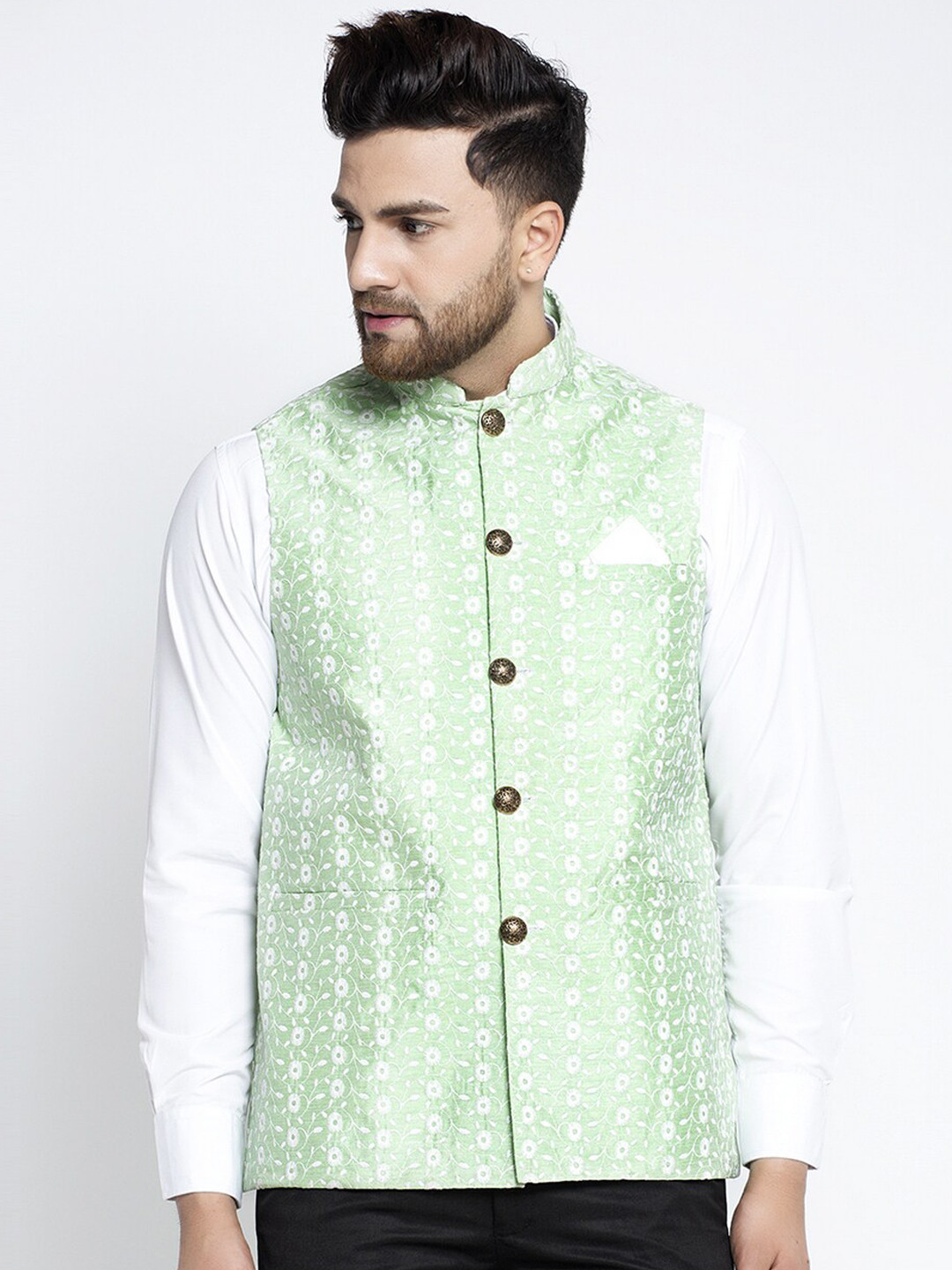

Jompers Men Green Woven Design Waistcoat