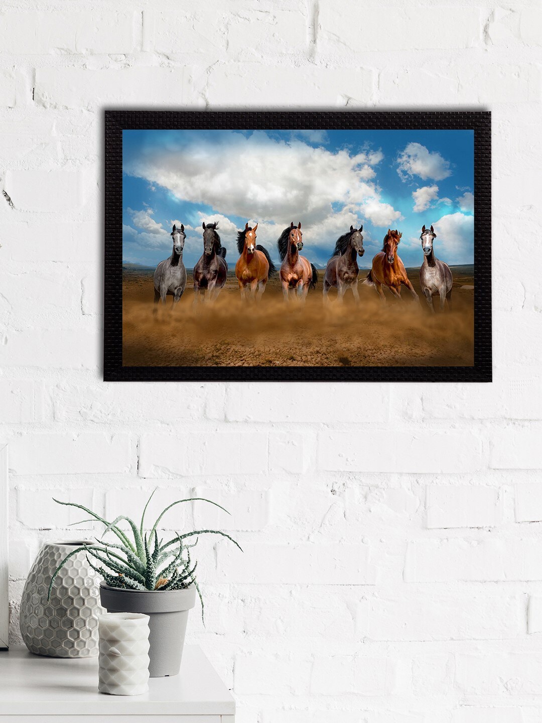 

eCraftIndia Brown & Blue 7 Lucky Running Horses Satin Matt Textured UV Wall Art