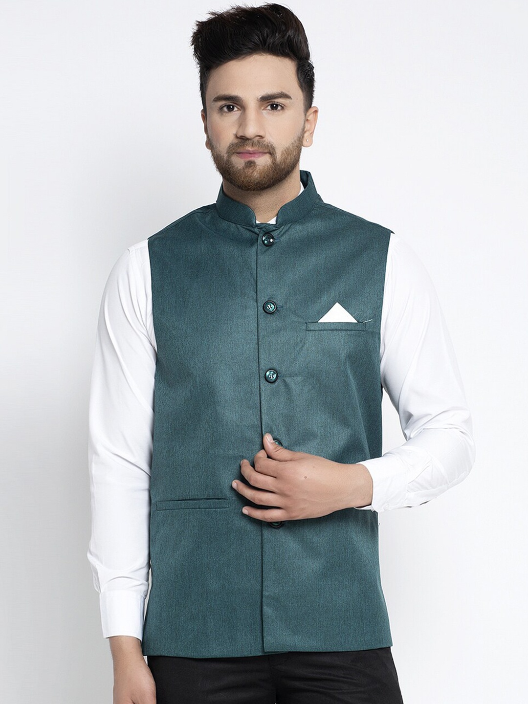 

Jompers Men Teal Green Solid Nehru Jacket