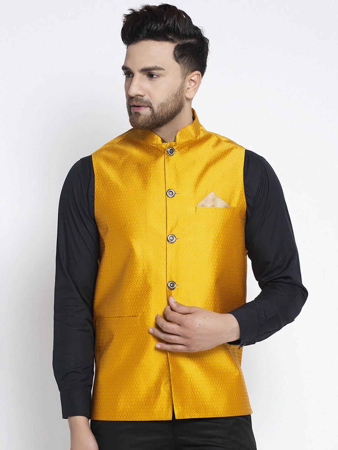 

Jompers Men White Self Design Nehru Jacket, Yellow
