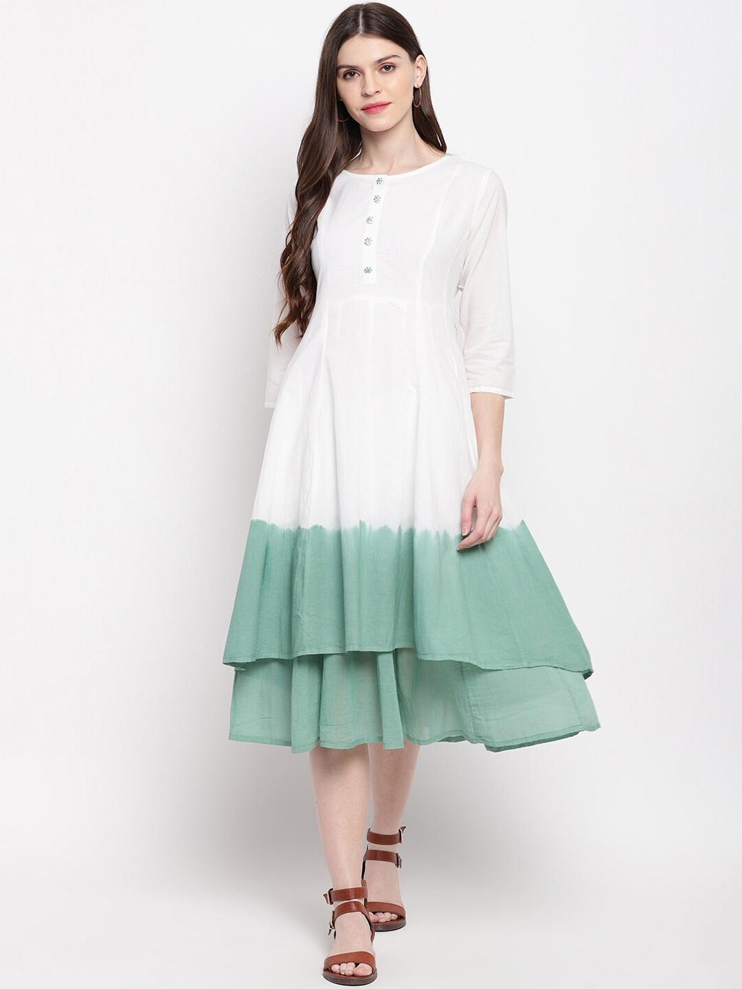 

Janasya Women Off-White Colourblocked Fit and Flare Cotton Dress