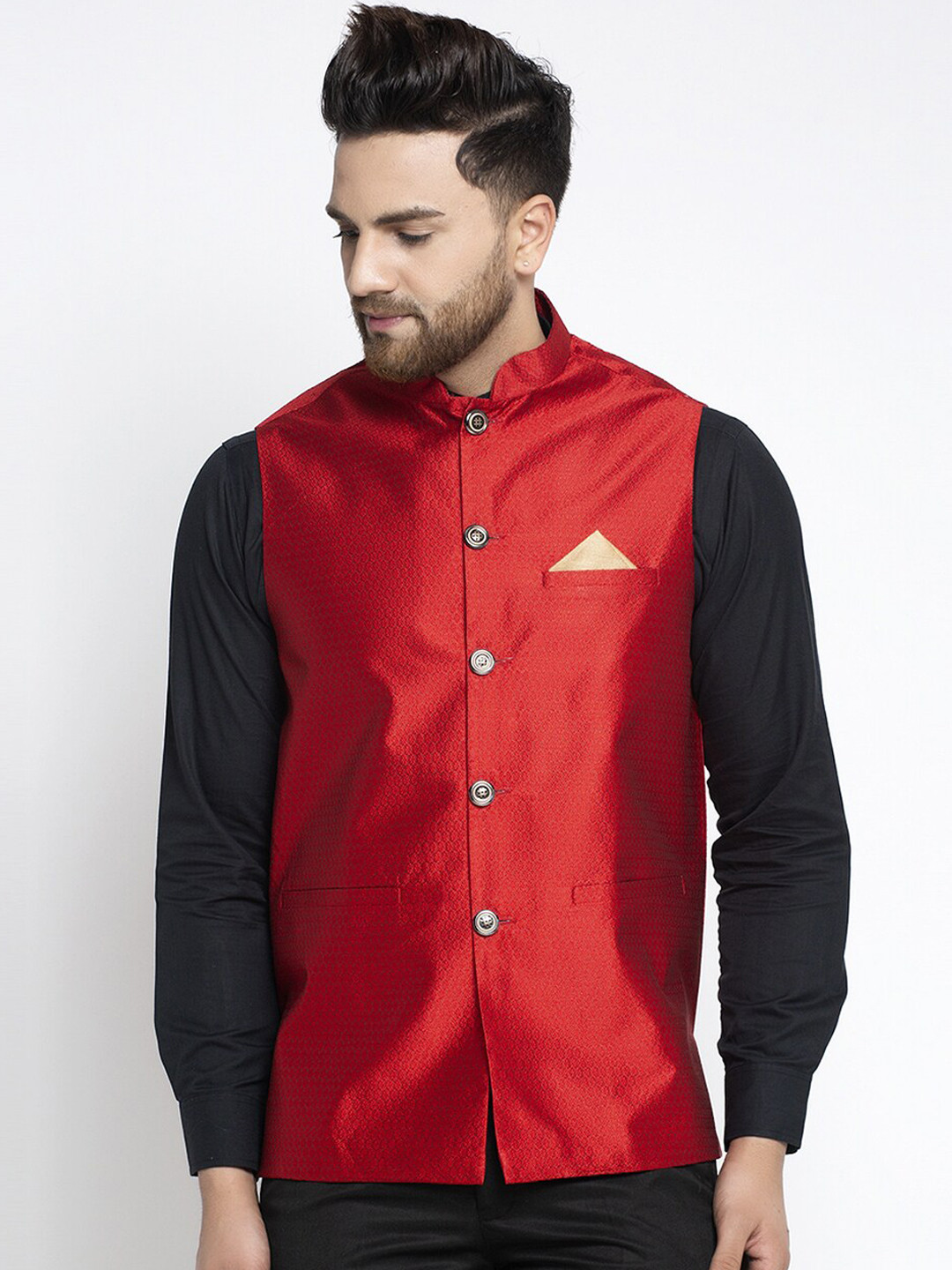 

Jompers Men Maroon Woven Design Nehru Jacket