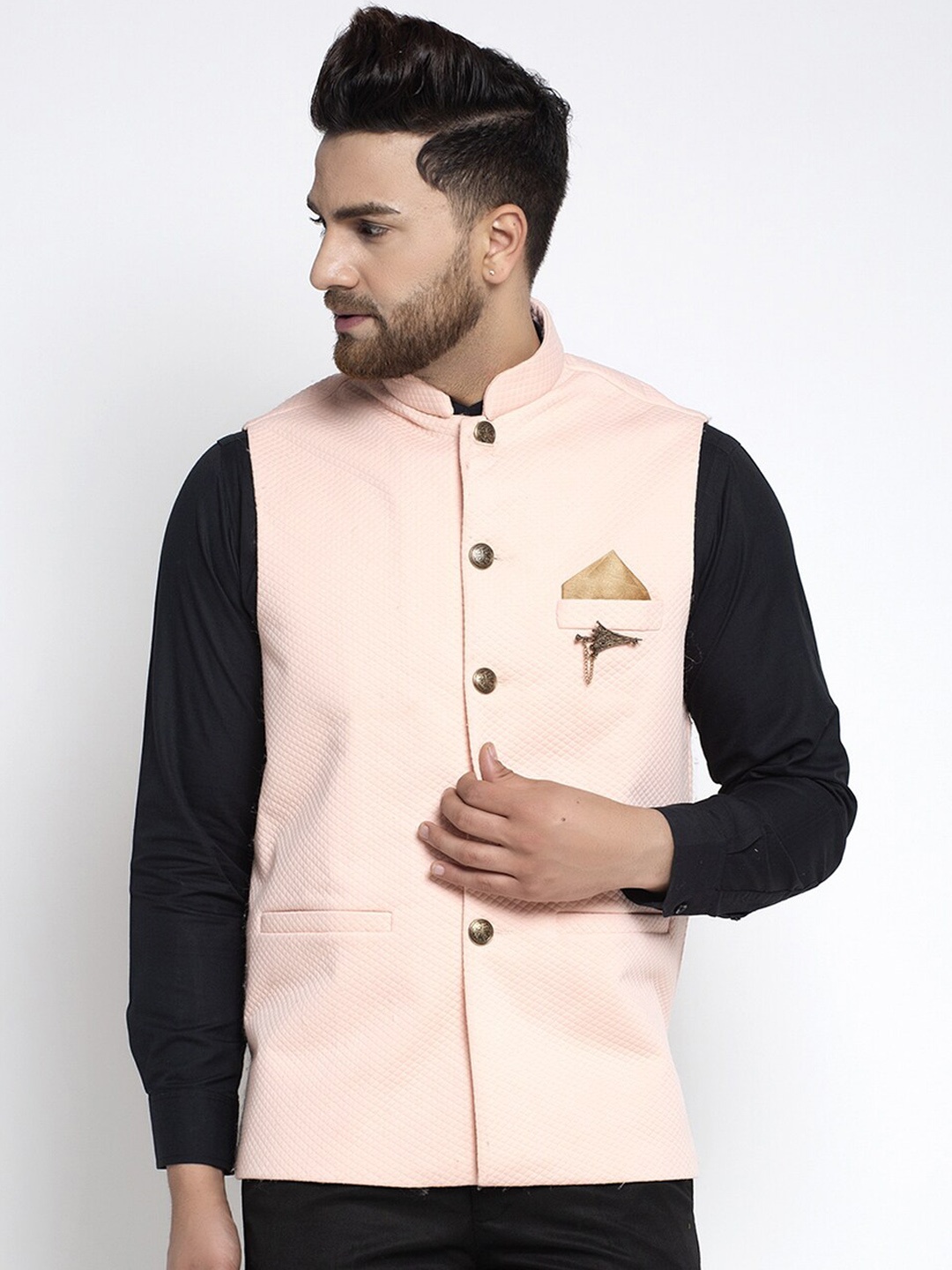

Jompers Men Peach-Coloured Woven Design Pure Cotton Nehru Jacket