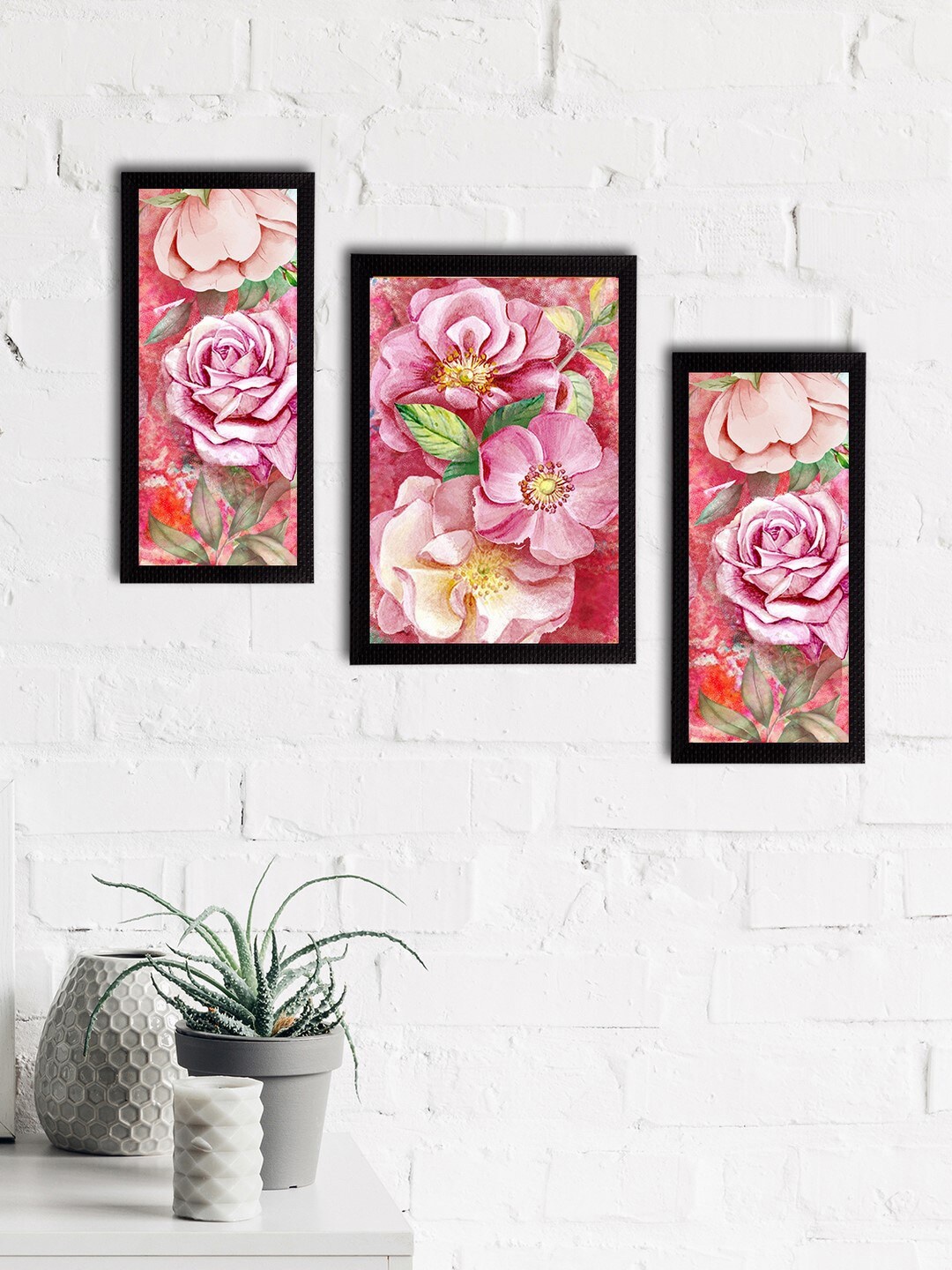 

eCraftIndia Set of 3 Pink & Red Botanical & Floral Satin Matt Textured UV Wall Paintings