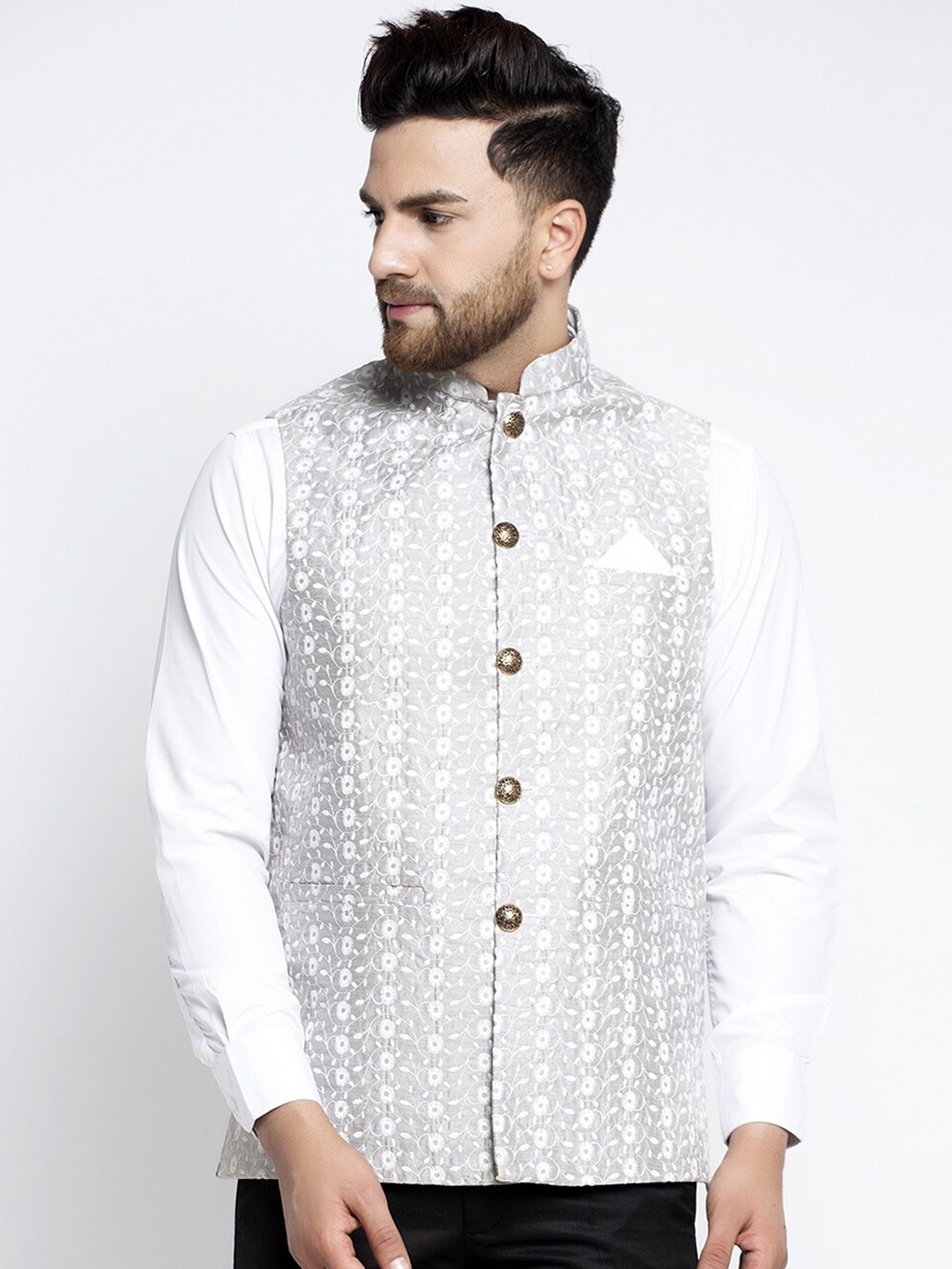 

Jompers Men Grey Printed Woven Design Nehru Jacket