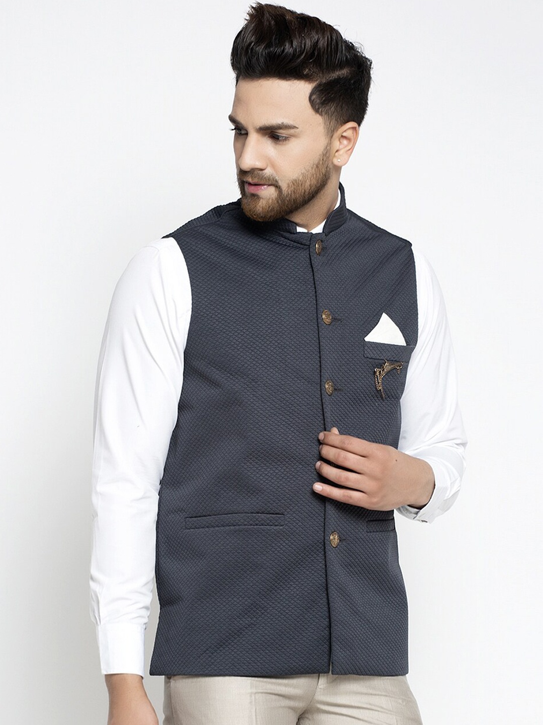 

Jompers Men Navy Blue Woven Design Pure Cotton Nehru Jacket