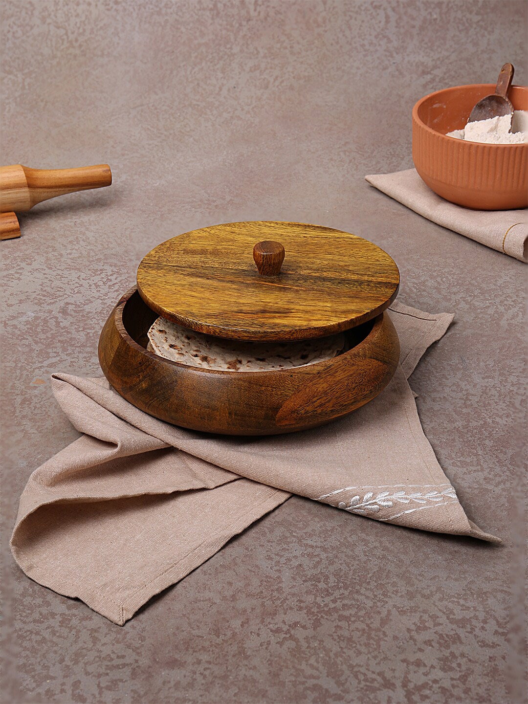 ellementry Brown Mango Wood Roti Box