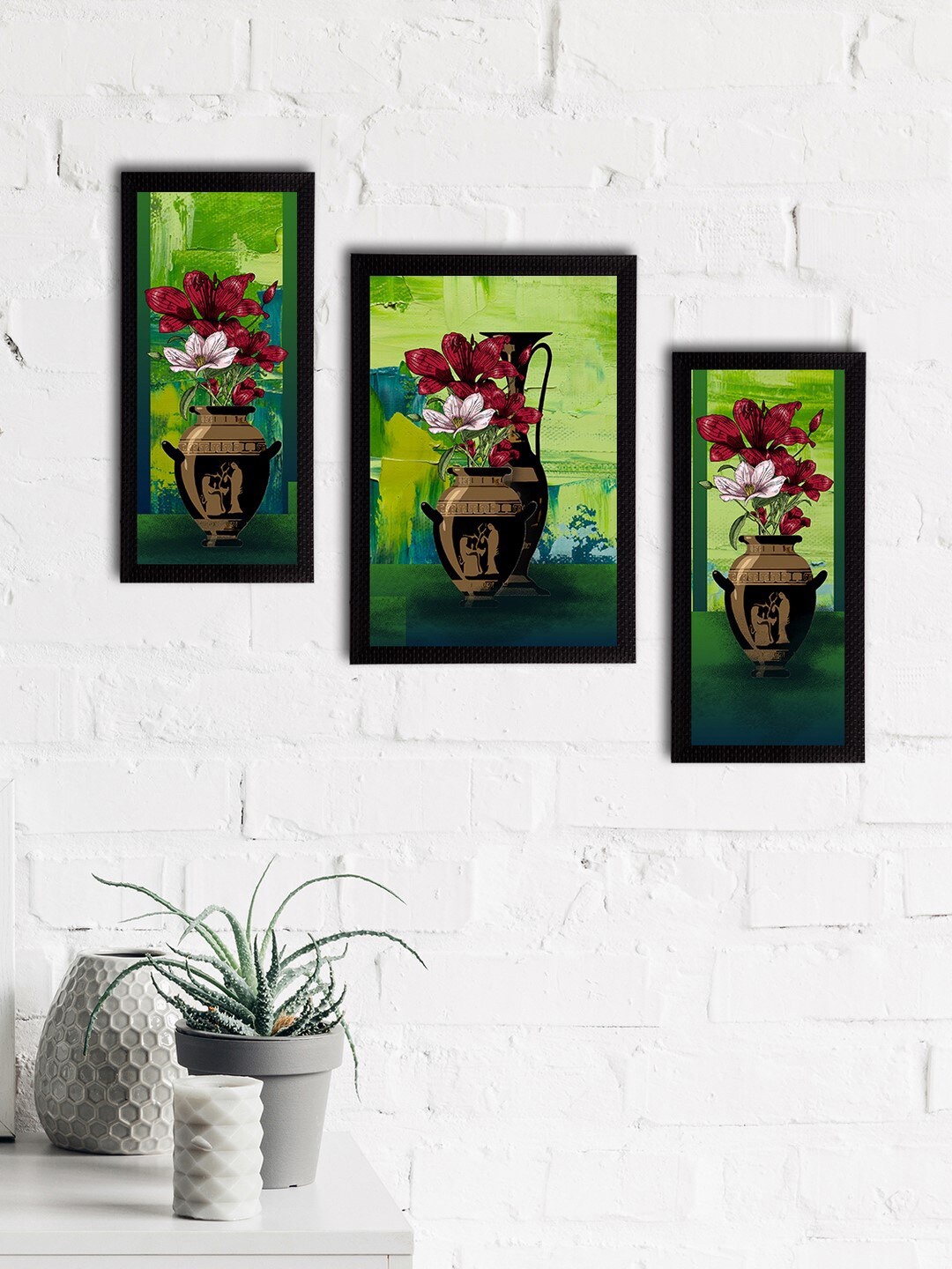 

eCraftIndia Set of 3 Green & Maroon Botanical & Floral Satin Matt Textured UV Wall Paintings