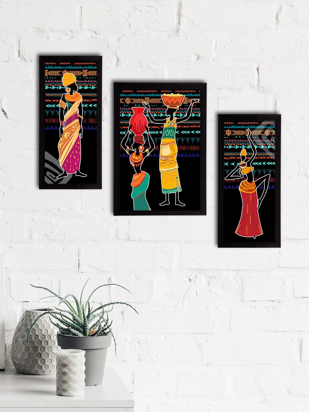 

eCraftIndia Set of 3 Black & Orange Tribal Theme Satin Matt Textured UV Wall Paintings