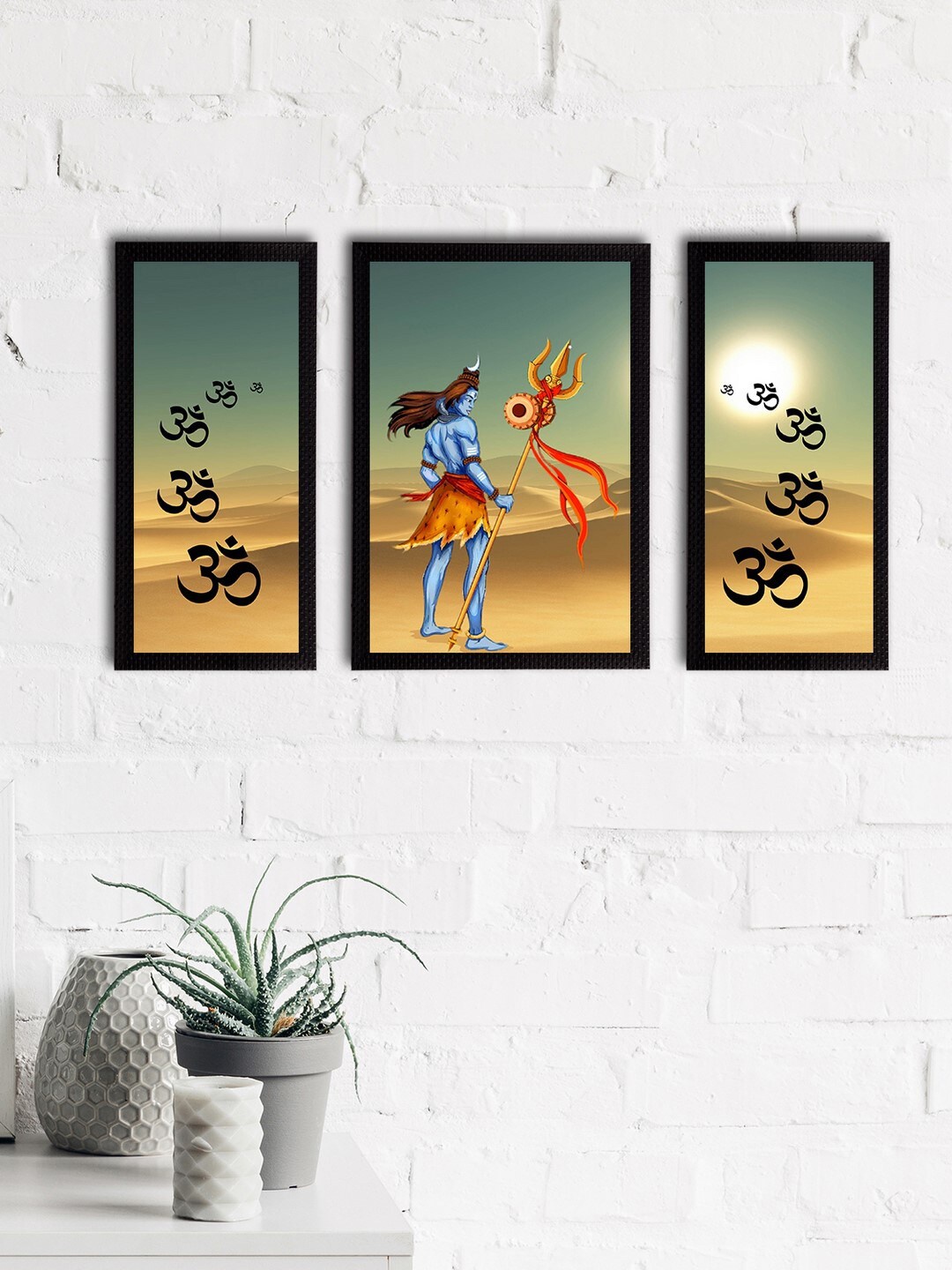 

eCraftIndia Set of 3 Blue & Beige Lord Shiva Satin Matt Textured UV Wall Paintings