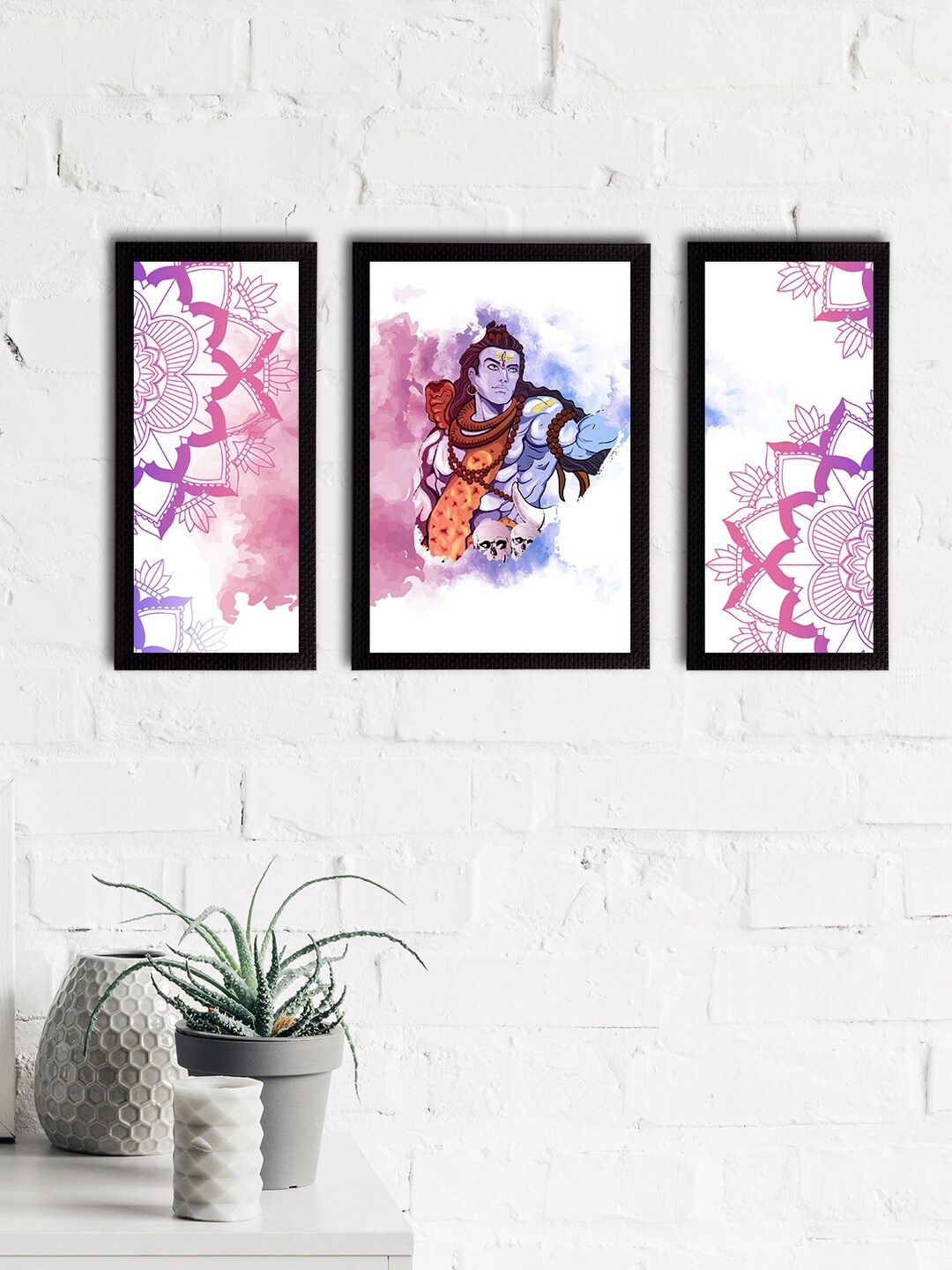 eCraftIndia Set of 3 White & Blue Lord Shiva Satin Matt Textured UV Wall Paintings