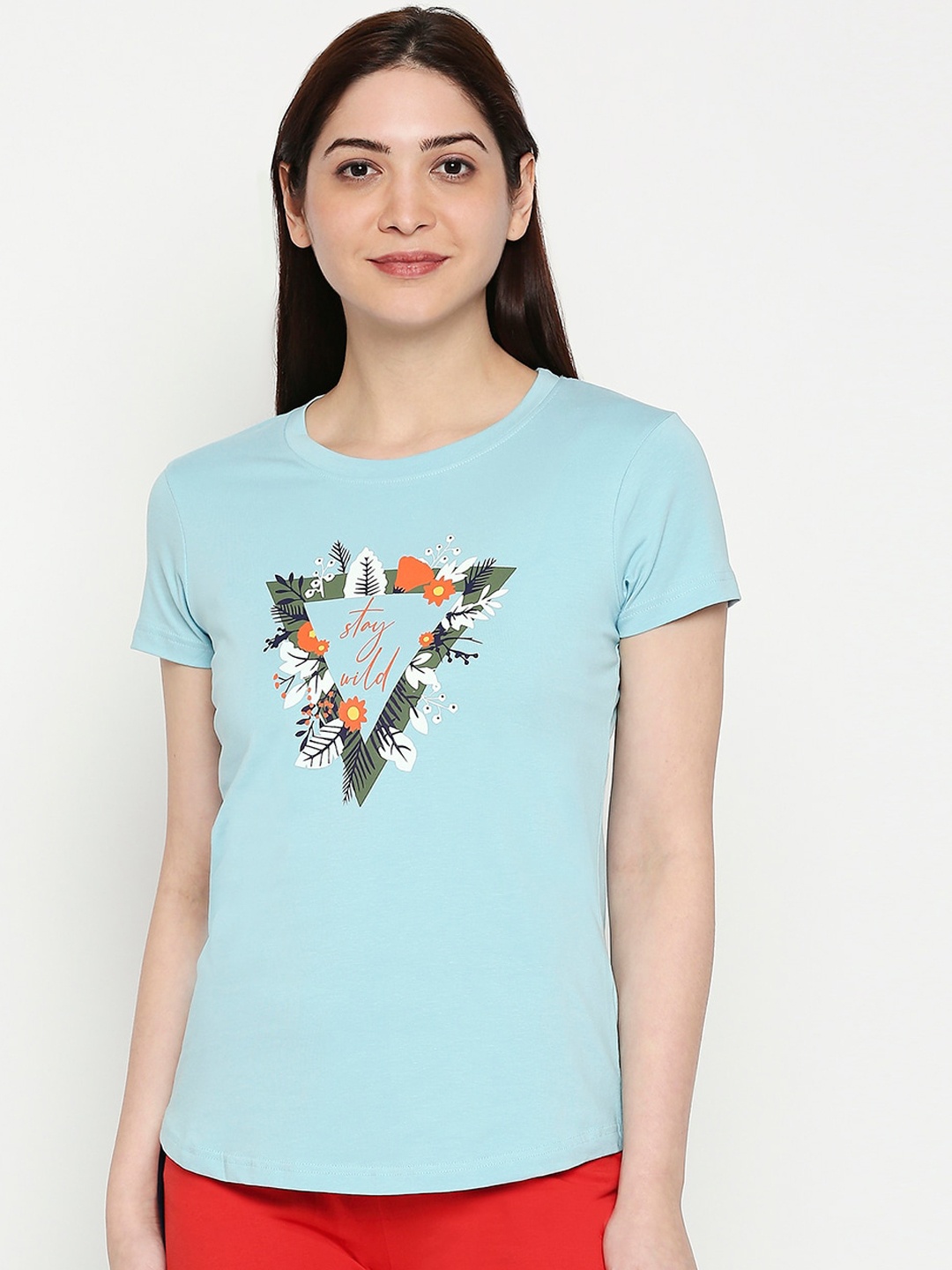 

XIN Women Blue Printed Round Neck T-shirt