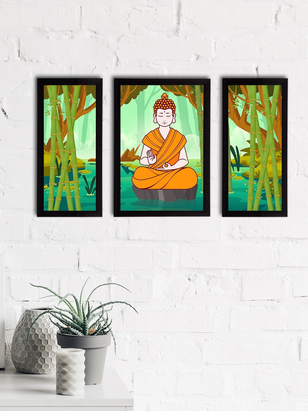 

eCraftIndia Set Of 3 Green & Orange Meditating Lord Buddha Wall Paintings