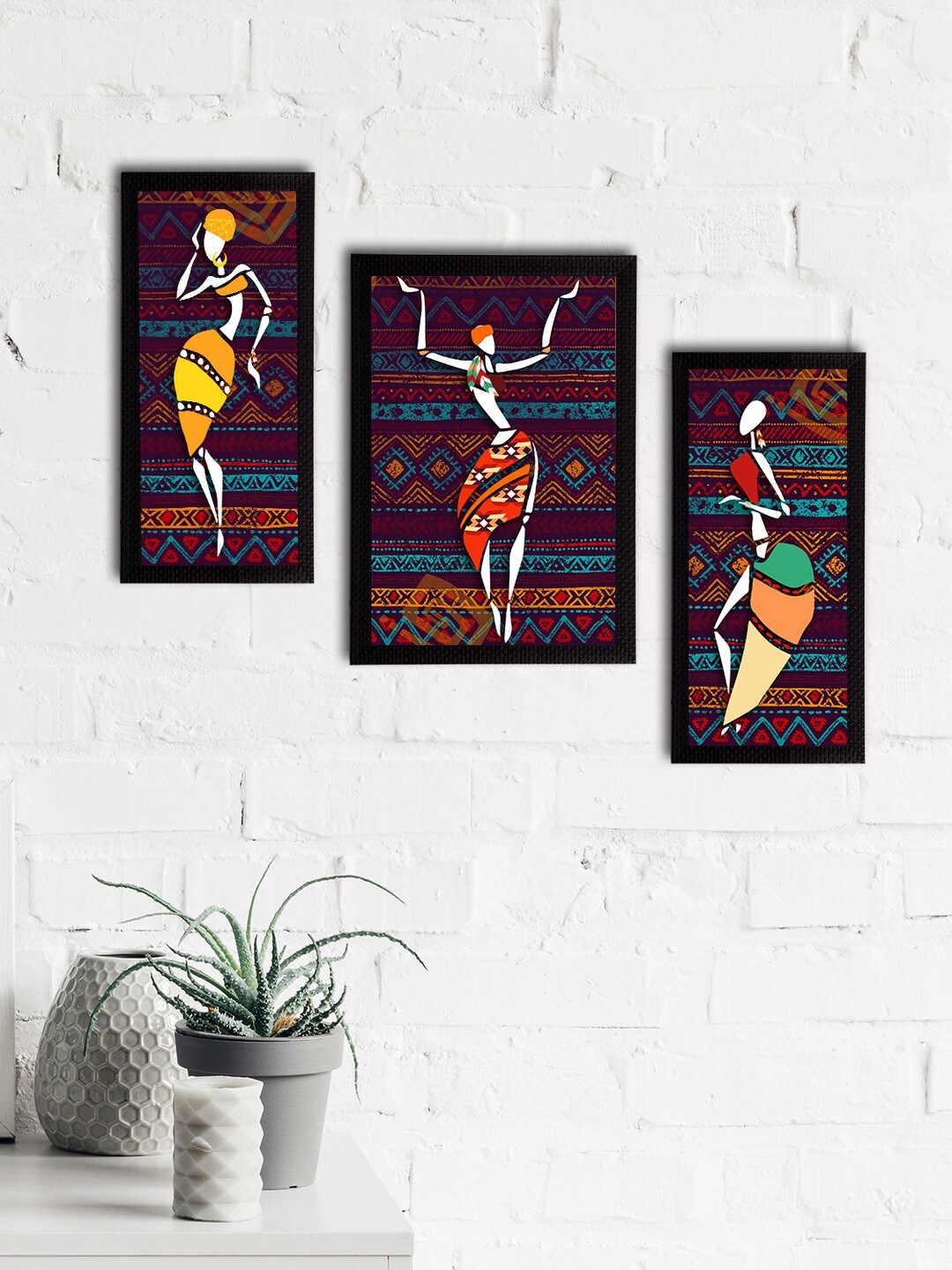 

eCraftIndia Set of 3 Maroon & Blue Tribal Theme Satin Matt Textured UV Art Painting
