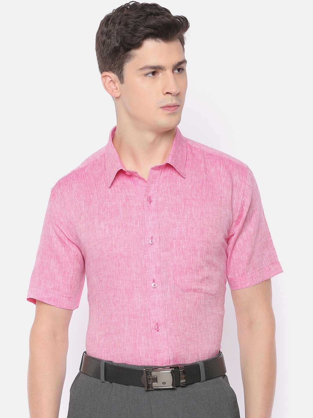 Ramraj Men Pink Slim Fit Solid Linen Formal Shirt