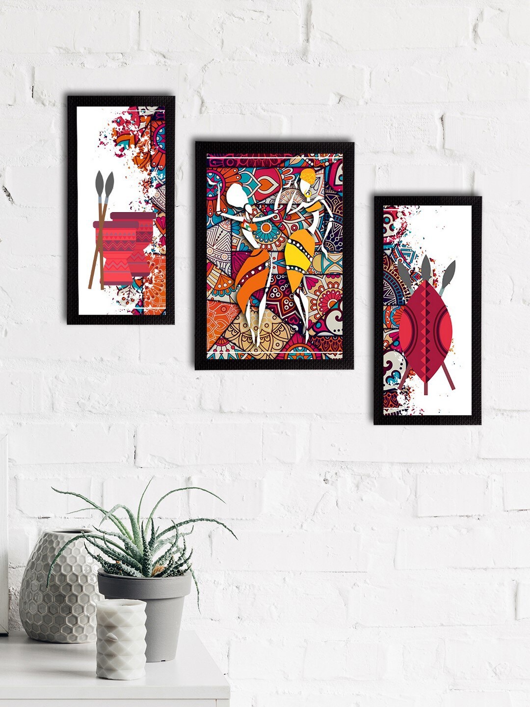 

eCraftIndia Set of 3 Pink & Blue Tribal Theme Satin Matt Textured UV Art Painting