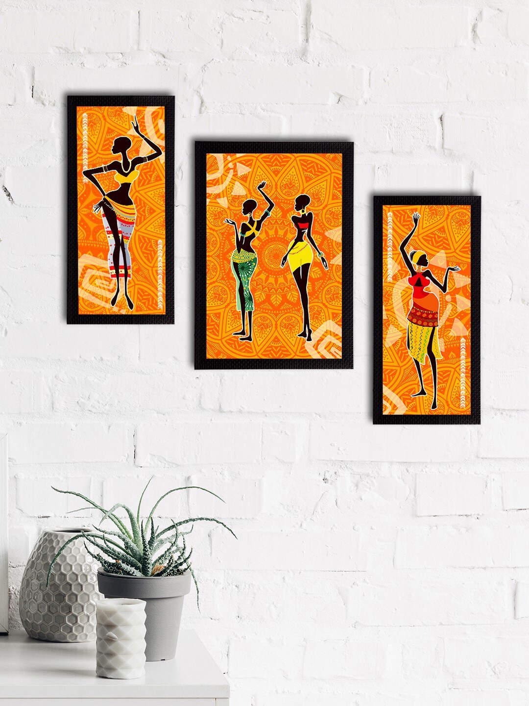 

eCraftIndia Set of 3 Orange Tribal Theme Satin Matt Textured UV Art Paintings