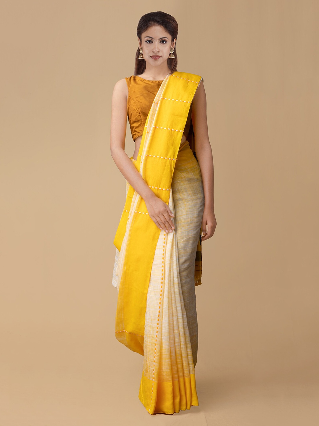 

Unnati Silks Cream-Coloured & Yellow Pure Linen Solid Jamdani Saree