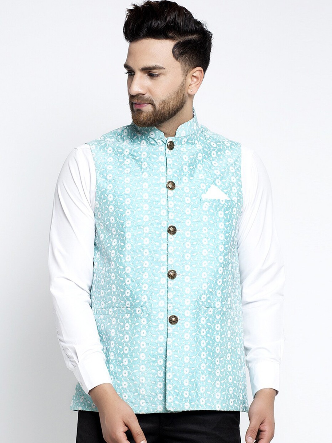 

Jompers Men Turquoise Blue & White Embroidered Nehru Jacket