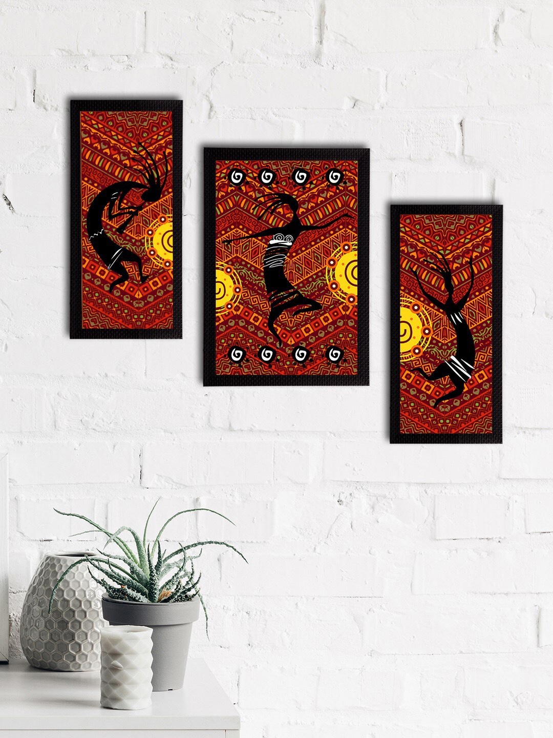 

eCraftIndia Set of 3 Maroon & Orange Tribal Theme Satin Matt Textured UV Wall Paintings