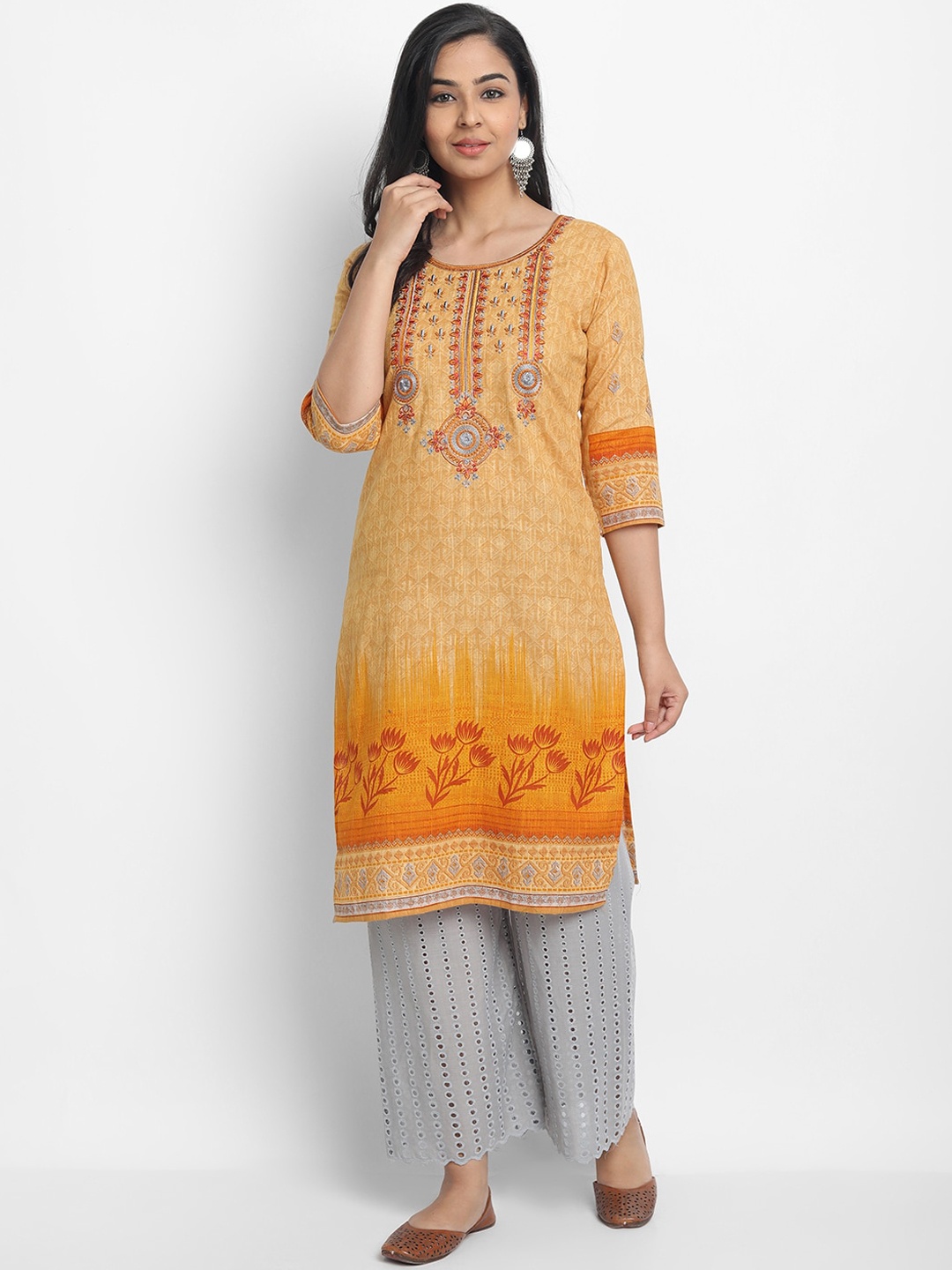 7Threads Women Yellow & Orange Embroidered Straight Kurta